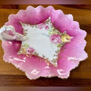 Vintage Pink Floral Candy Dish With Handle & Gold Etching